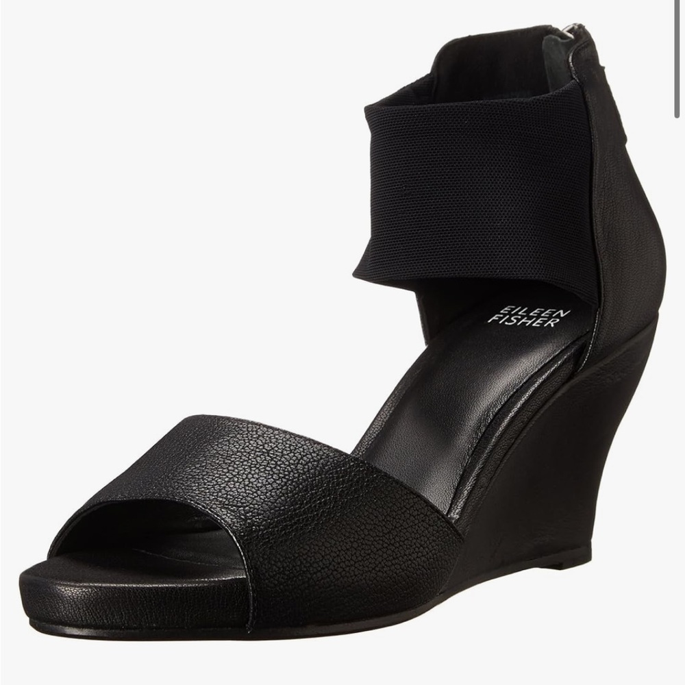 Eileen Fisher Corona Sandals Black Leather Ankle Strap Zip Wedge Peep
